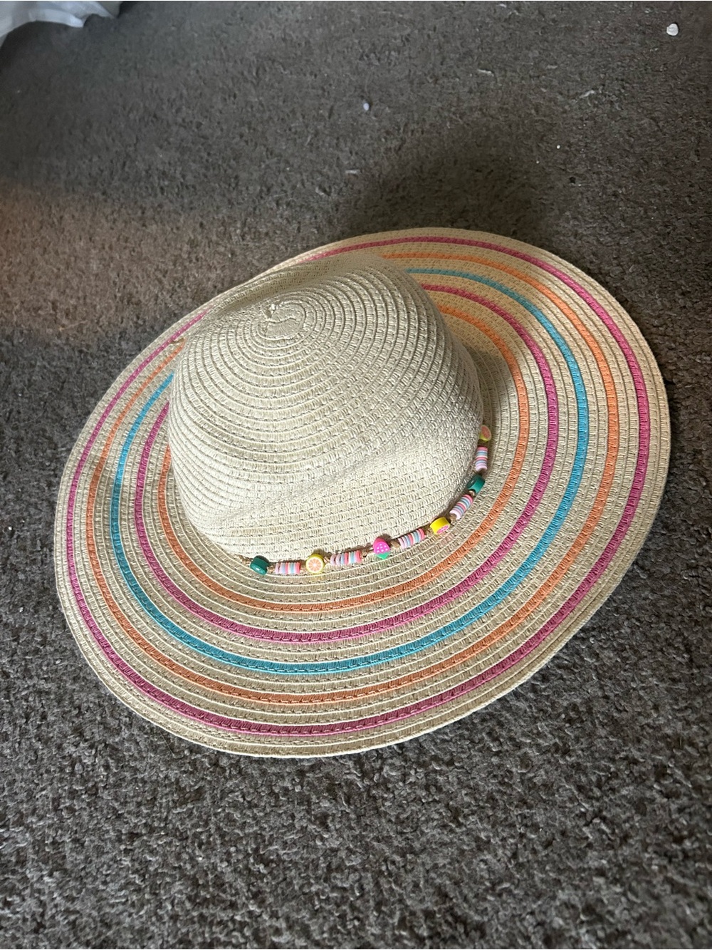 Target Straw Sun Hat Kids OS Tan Rainbow Stripe Fruit Bead Floppy Beach Boho